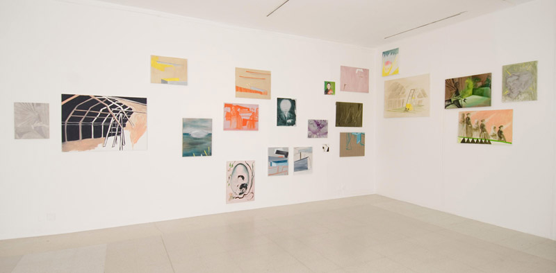 A photo of 21 small to medium sized paintings hung on two walls of the RCA